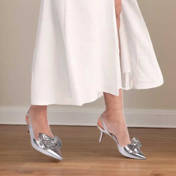 Women Silver Slingback Kitten Heels Pointed Closed Toe Low Heel with Buckle - Picture 6 of 6